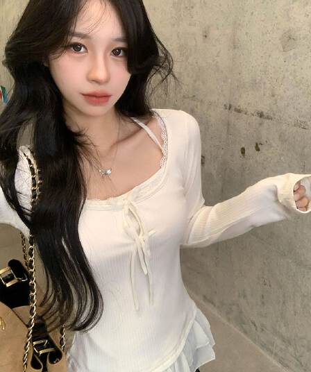 원본 원단 새로운 달콤한 스타일 레이스 조각 긴팔 티셔츠 광장 칼라 프릴 레이스업 만나는 맨위 트렌디