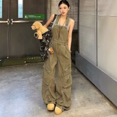 批发夏季新款美式复古多口袋纯棉工装背带裤<b class='q'>女</b>设计感宽松阔腿拖地裤