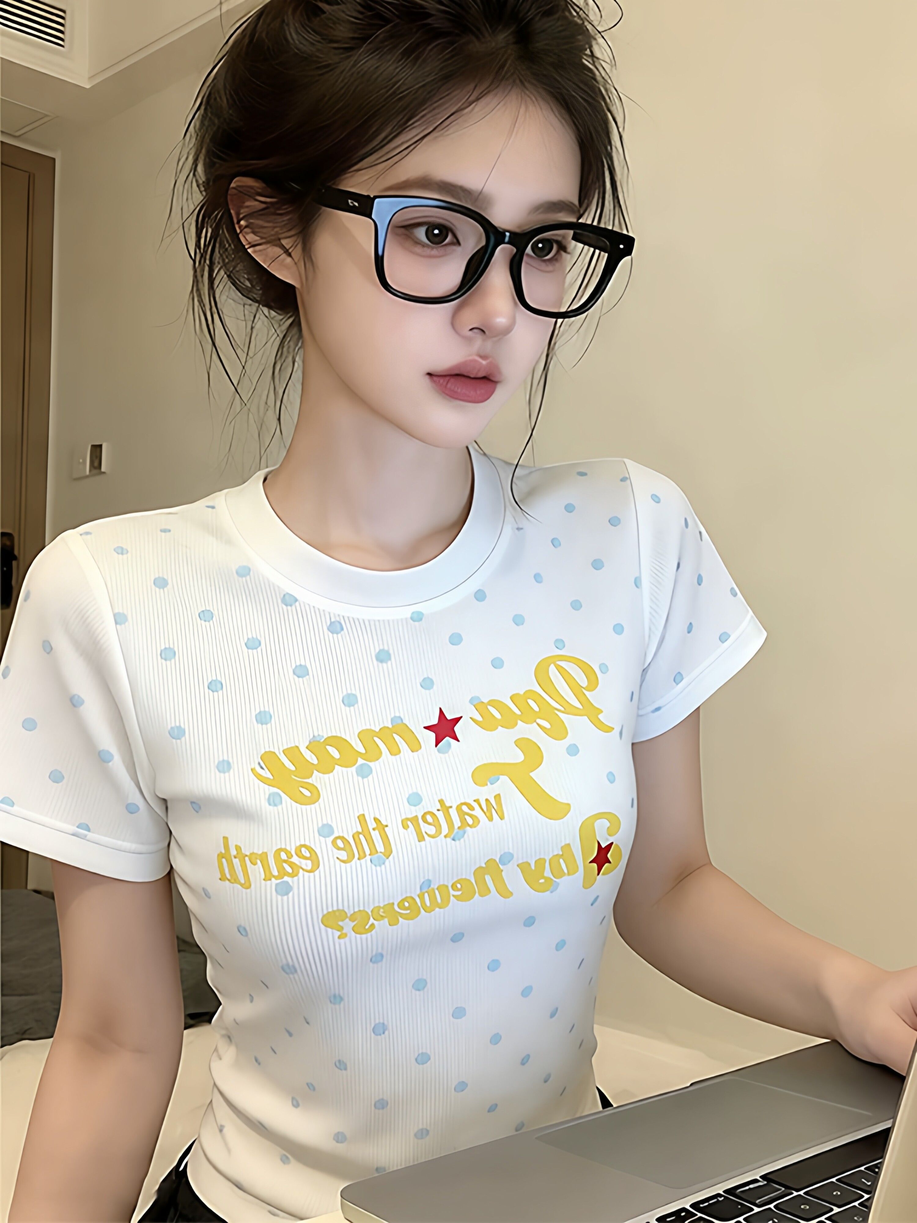 아메리칸 달콤한 매운맛 바람 도트 무늬 알파벳 긍정적 인 어깨 반팔 티셔츠 여름 화이트 맨위 210 그램 40 좋은 면 1 1