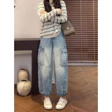 批发美式复古工装直筒<b class='q'>牛仔裤</b>女夏季新款小个子宽松高腰显瘦阔腿<b class='q'>九分</b>裤