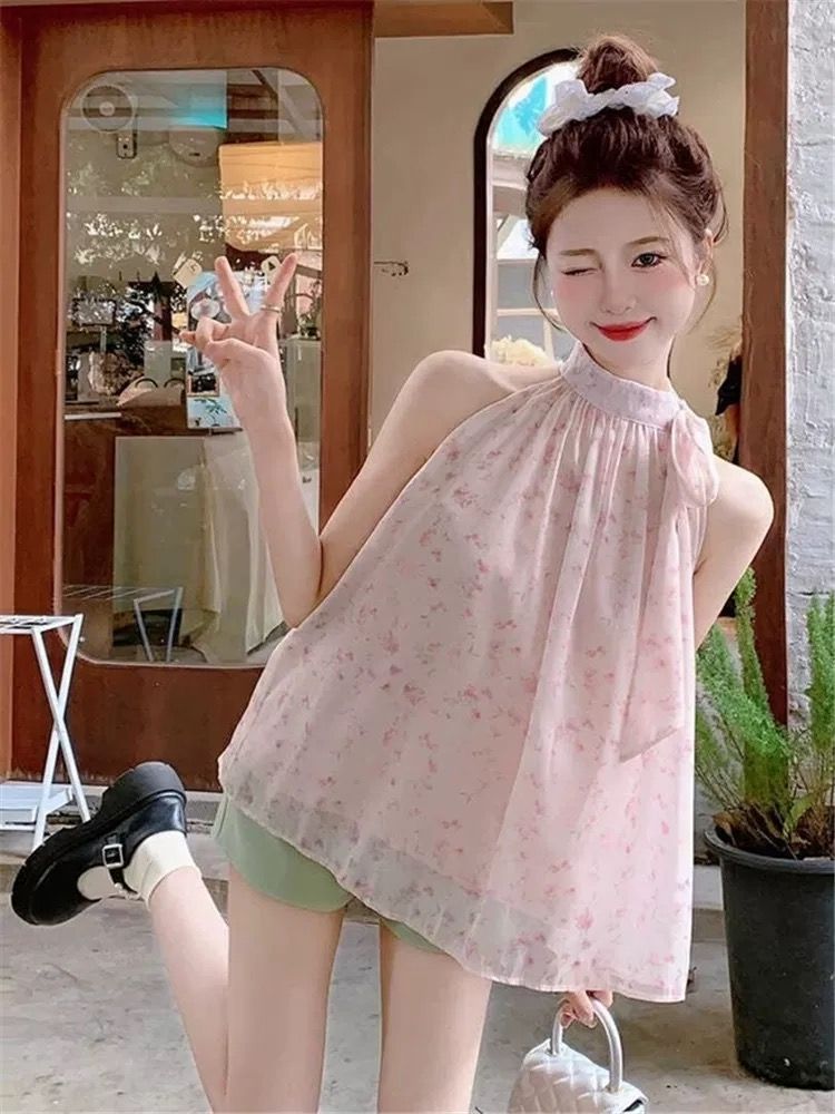 여름 새로운 Chic 핑크색 꽃무늬 조끼 셔츠 프랑스식 품격 달콤한 매운맛 오프숄더 바다 측면 민소매 가짜 맨위