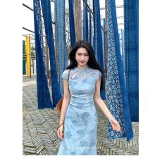 批发水韵蓝笺'新中式植绒旗袍女夏季罩衫吊带明媚漂亮连衣裙