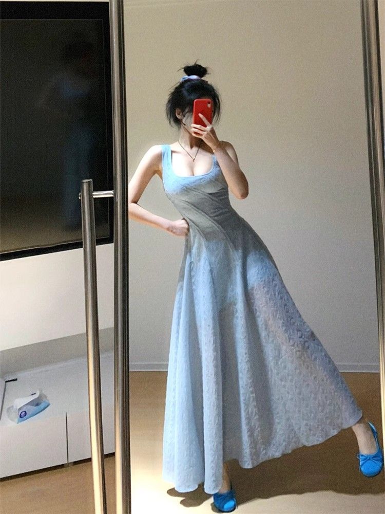 고급 센스 서리가 내린 바람 파란색 슬립 여성 드레스 여름 프랑스식 첫사랑 작은 키 허리 수축 a 단어 길이 치마