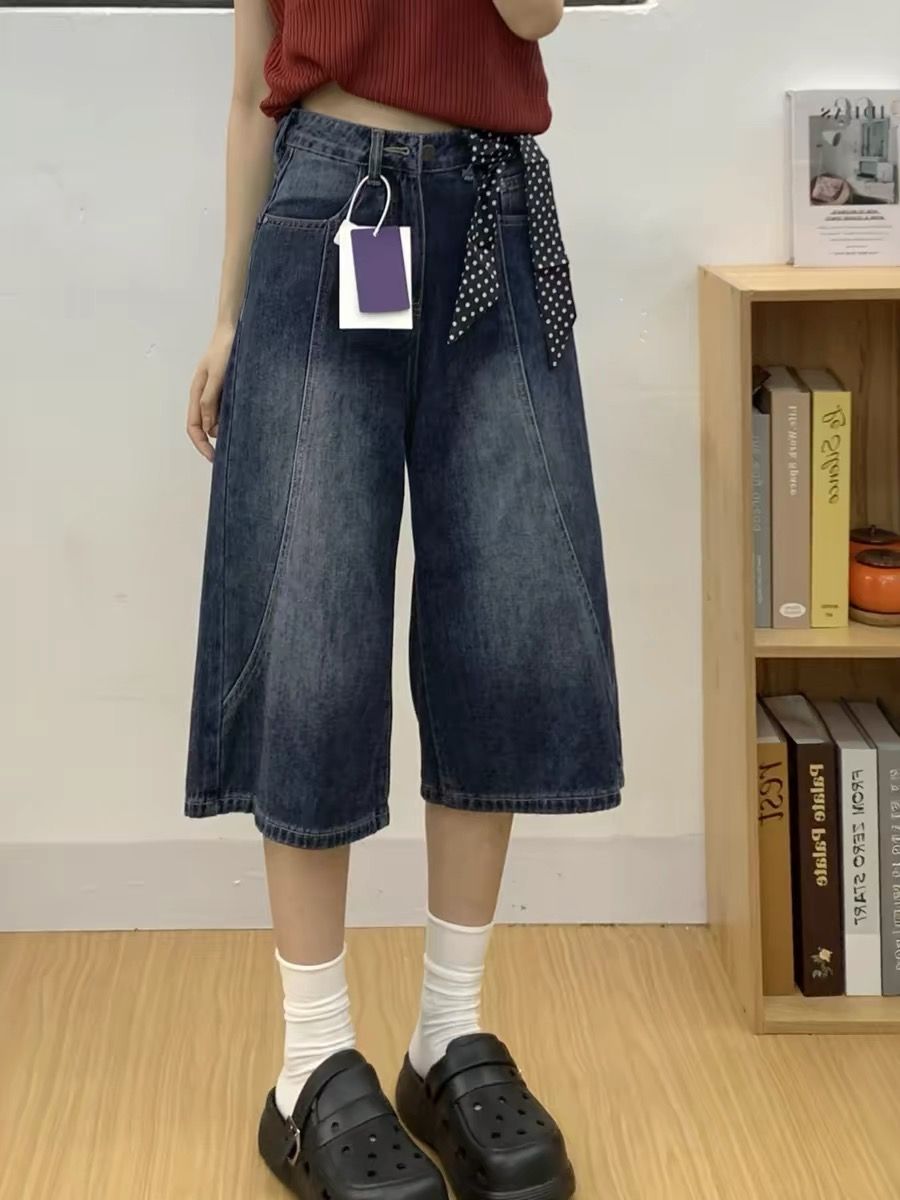 아메리칸 레트로 워싱 스트레이트 데님 7부 바지 여성 여름 새로운 루즈핏 슬림해 보이는 다용도 넓은 다리가 짧다. 바지 바지