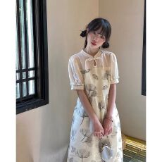 批发兰亭序新中式少女改良旗袍<b class='q'>连衣裙</b>2026新款盘扣水墨印花开叉<b class='q'>连衣裙</b>