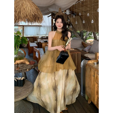 批发雪纺+内里 国风绝美<b class='q'>连衣裙</b>女2026夏季新款网纱拼接超好看扎染挂