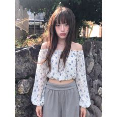 批发法式一字肩碎花灯笼袖雪纺衬衫女夏季设计感小众气质<b class='q'>收腰</b>短款上衣