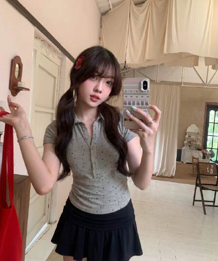양모 작은 대중 도트 무늬 허리 수축 반팔 티셔츠 여성 여름 몸매 가꾸기 핫걸 슬림해 보이는 POLO 칼라 다용도 회색 맨위