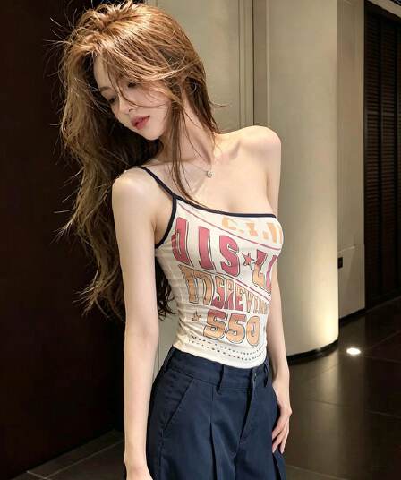 260 그램 사람들 면 여름 아메리칸 레트로 달콤한 핫걸 바람 알파벳 프린트 캐미솔 디자인 센스 작은 대중 맨위