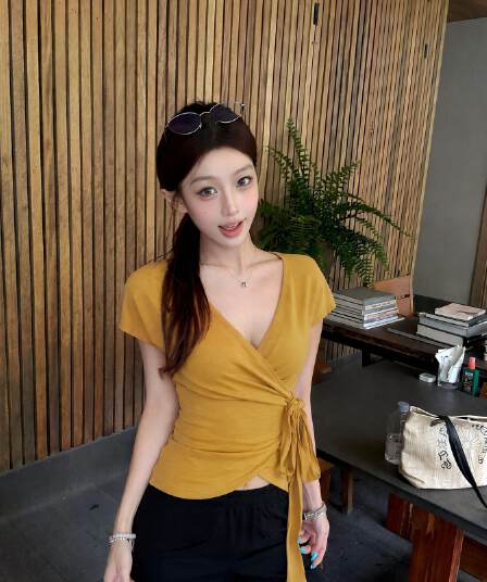 여름 작은 대중 허리 수축 몸매 가꾸기 반팔 주름 작은 맨위 사람들 면 십자가 V넥 우아함 스트랩 티셔츠 여성