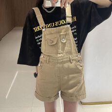 批发卡其色牛仔<b class='q'>短裤</b>女装夏季新款<b class='q'>连体</b>设计工装背带裤百搭直筒卷边热裤