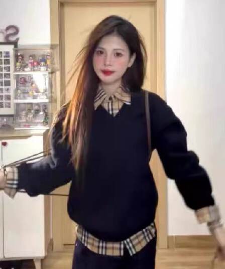 한 부서 느긋한 바람 표지 고기 검정색 루즈핏 풀오버 니트 스웨터 여성 체크무늬 배색 셔츠 투피스 세트 yw