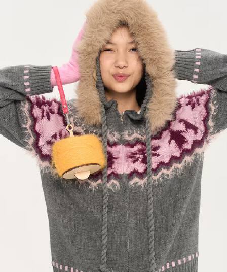 공정한 섬 자카드 모피 칼라 스웨터 여성 코트 가을 새로운 품격 배색 지퍼 후드 니트 오픈 가디건 여성 zz