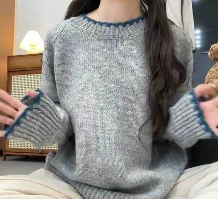 한 부서 라운드 넥 니트 회색 스웨터 여자 가을 새로운 배색 루즈핏 느긋한 바람 고급 센스 부드러운 찹쌀 맨위 xr