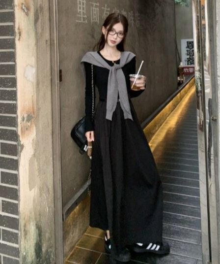 2026 가을 새로운 디자인 센스 긴팔 패치워크 한 마디 롱 스커트 숄 레트로 품격 슬림해 보이는 긴팔 드레스