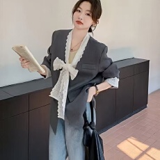 批发韩国设计感<b class='q'>蕾丝</b>蝴蝶结拼接西装外套女秋季新款小个子宽松气质上衣