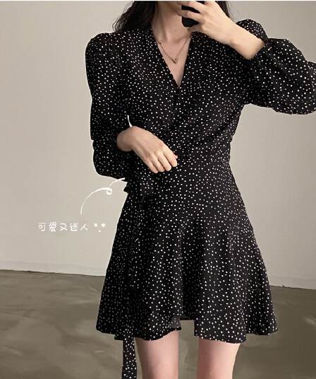 폭발 프랑스식 레트로 도트 무늬 작은 검은 드레스 하나 슬라이스 V넥 여성 드레스 부서 벨트 작은 키 허리 수축 미니 스커트