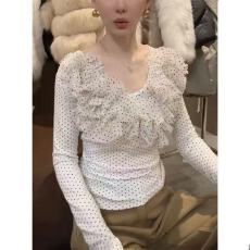 批发秋季新款法式甜美波点荷叶边拼接<b class='q'>网纱</b>T恤韩系花朵高弹大码打底衫