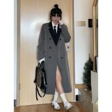 批发秋冬新款设计感拼色西装<b class='q'>外套</b>女韩版高级感大衣设计感小众长款风衣