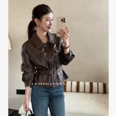 批发秋冬新款翻领配腰带显瘦洋气PU软皮开衫<b class='q'>韩国</b>皮衣黑色短款外套女