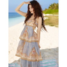 批发徐璐<b class='q'>明星</b>同款2026新<b class='q'>款</b>夏装度假花纹<b class='q'>连衣裙</b>层叠式裙摆吊带长裙子女