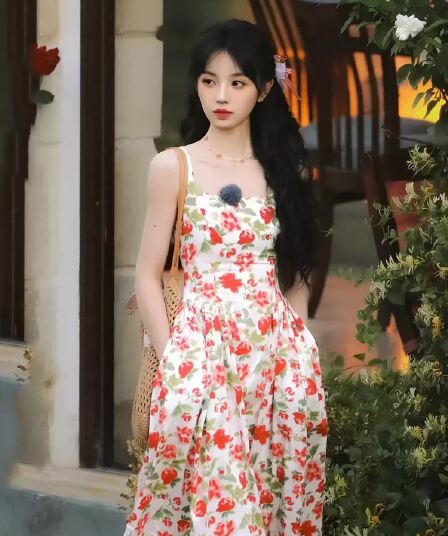 필드 크 사이 웨이 같은 단락 프랑스식 장미 꽃무늬 슬립 여성 드레스 여름 새로운 몸매 가꾸기 슬림해 보이는 휴가 바람 롱 스커트