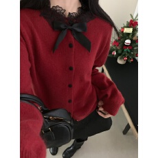 批发2026蕾丝蝴蝶结长袖针织开衫女氛围感穿搭超好看红色毛衣宽松上衣