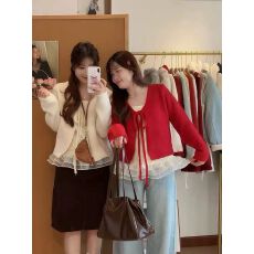 批发冬季甜美温柔风套装女红色系带宽松针织开衫内搭网纱木耳边小吊带