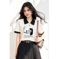 批发◆◆阔色杏色小狗刺绣polo领半袖<b class='q'>T</b><b class='q'>恤</b><b class='q'>女</b>2026翻领正肩短袖上衣