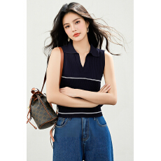 ◆◆撞色polo领针织背心女秋季修身显瘦时尚外穿无袖上衣