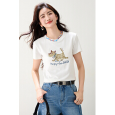 批发◆◆线条小狗刺绣T恤女白色圆领短袖夏季2026新款<b class='q'>韩</b>版上衣潮