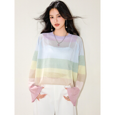 批发实拍◆2026春款彩虹条纹针织衫女新款宽松T恤薄纱防晒罩衫潮