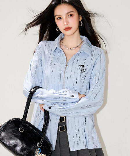 실사 2026 하늘색 더블 머리 지퍼 셔츠 POLO 칼라 거리 바람 루즈핏 디자인 센스 여성 긴 소매 오픈 가디건