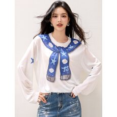 批发实拍◆2026春款趣味披肩印花圆领长袖T恤女新款宽松清凉显瘦上衣