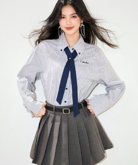 실사 2026 봄 스트라이프 넥타이 긴팔 여성 셔츠 루즈핏 POLO 칼라 캐주얼 자수 셔츠
