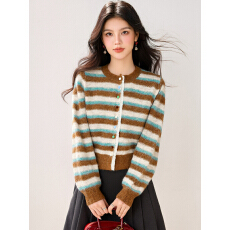 批发实拍◆2025韩系秋冬新款百搭温柔显瘦蕾丝拼接条纹针织<b class='q'>开衫</b>女毛衣