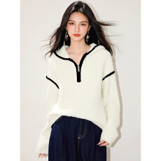 批发实拍◆米白色连帽套头圈圈<b class='q'>毛衣</b>外套女新款<b class='q'>韩版</b>宽松半拉链针织上衣