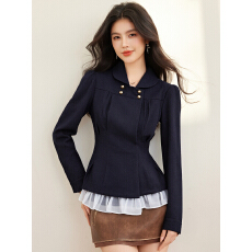 批发实拍◆通勤风设计感双排扣<b class='q'>牛仔</b>打褶收腰<b class='q'>衬衫</b>通勤上衣外套女