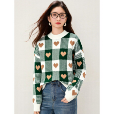 批发实拍◆复古格纹爱心针织衫女长袖宽松显瘦减龄毛衣爱心图案上衣女