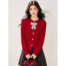 批发实拍◆法式小香风钉珠蝴蝶结针织开衫女秋冬新款显瘦短款毛衣外套