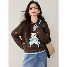 批发实拍◆甜美风蝴蝶结卡通小熊polo领<b class='q'>毛衣</b><b class='q'>女</b>套头<b class='q'>针织衫</b>