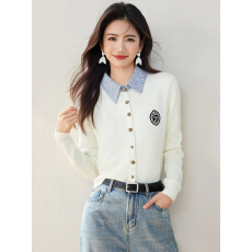 批发实拍◆条纹Polo衬衫翻领徽章刺绣针织开衫<b class='q'>女</b>新款时尚假两件<b class='q'>毛衣</b>