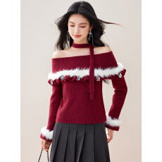 实拍◆一字肩设计感毛衣女装秋冬新年毛毛拼接纯欲显瘦针织上衣