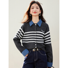 批发实拍◆2026春款<b class='q'>牛仔</b>翻领小狗刺绣条纹针织开衫毛衣新款假两件<b class='q'>上衣</b>