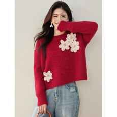 实拍◆2026春款短款毛衣女爆款花朵针织衫内搭长袖上衣