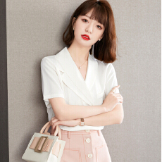 批发实拍◆有◆2026西装v领短袖<b class='q'>雪纺</b><b class='q'>衫</b>设计感小众衬衣法式上衣