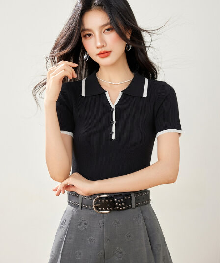 실사 있음 2026 구덩이 기사 POLO 칼라 반팔 니트 티셔츠 여성 다용도 품격 외국 가스 연령 감소 V넥 맨위