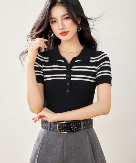 실사 있음 2026 배색 스트라이프 POLO 칼라 티셔츠 여성용 짧은 소매 니트 스웨터 레트로 한 고정 몸 의류