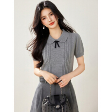 批发实拍◆有◆2026灰色<b class='q'>娃娃领</b>蝴蝶结针织短袖<b class='q'>T</b><b class='q'>恤</b>法式别致小上衣女