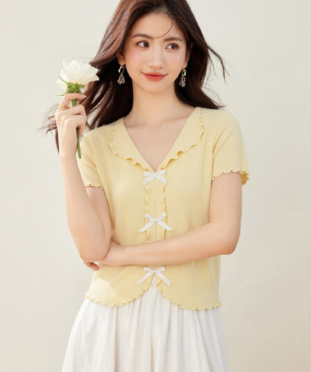 2026 부드러운 바람 3 차원 나비 매듭 V넥 티셔츠 여성 여름 새로운 프릴 반팔 달콤함 연령 감소 맨위